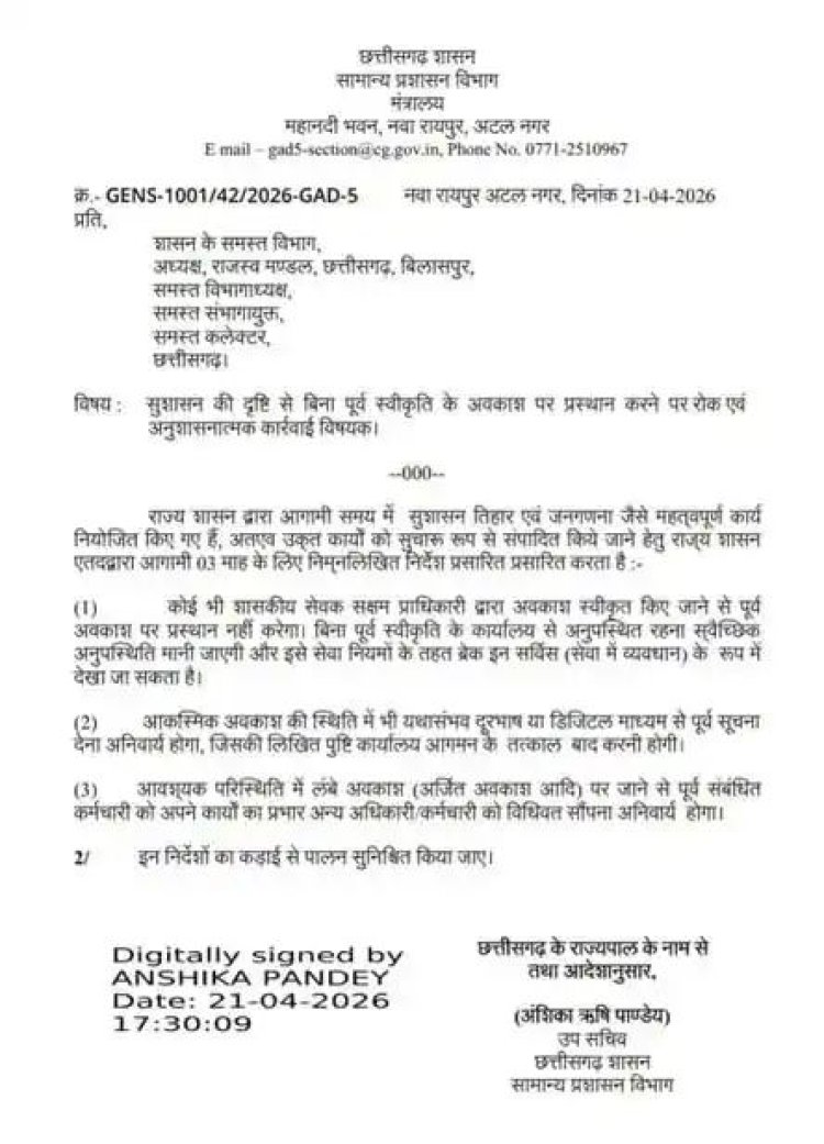 छत्तीसगढ़ के सरकारी कर्मियों की छुट्टी पर रोक : इमरजेंसी में भी देनी होगी सूचना, जनगणना-सुशासन तिहार के चलते लगी पाबंदी